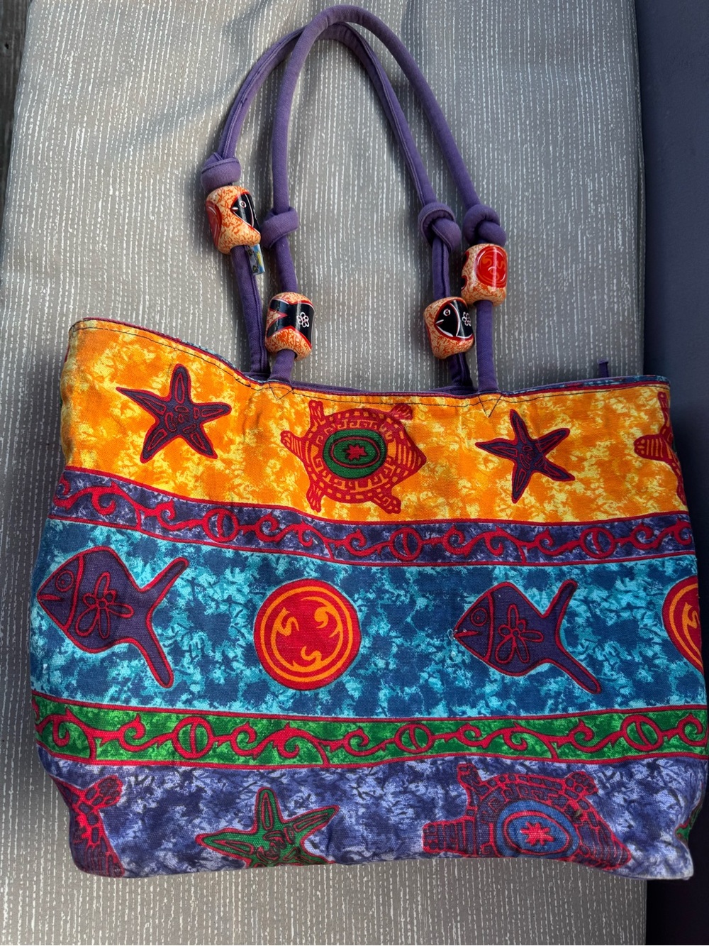 Sun and Sand Vibrant Multicolor Beach Tote Bag with Purple Handles GUC😊😊